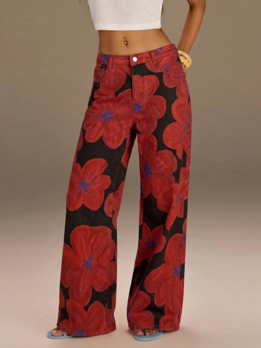 Red Black Floral Print Wide Leg Denim Jeans